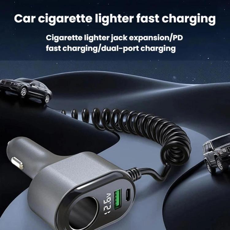 Car cigarette lighter charger with coiled spring cable and dual USB ports