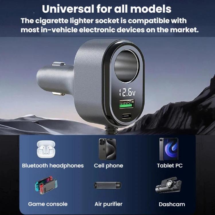 Car cigarette lighter charger adapter with voltage display, dual USB ports, silver and black