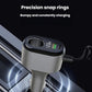 Car charger adapter close-up with voltage screen and USB ports, silver, black trim