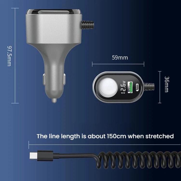 Car charger adapter with spring cable and USB-A plug, silver body, compact size