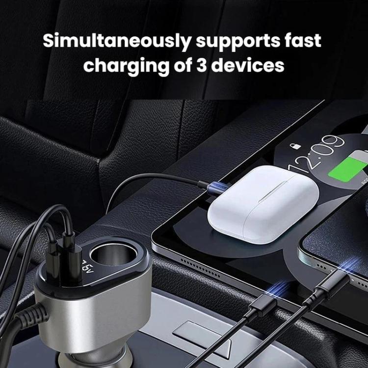 Car cigarette lighter charger with multiple connected cables and USB charging ports