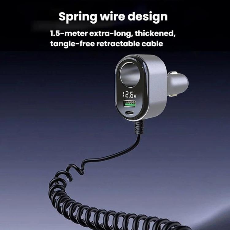 Car cigarette lighter charger with coiled spring cable and voltage display