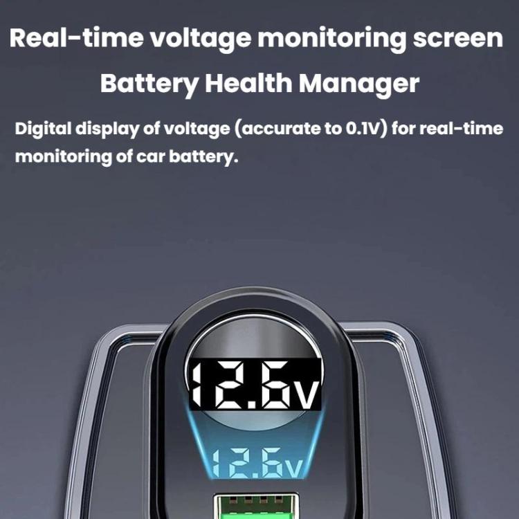 Car cigarette lighter charger close-up with bright voltage monitor display