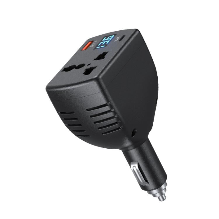 Black car inverter plug with digital voltage display and cigarette-lighter connector