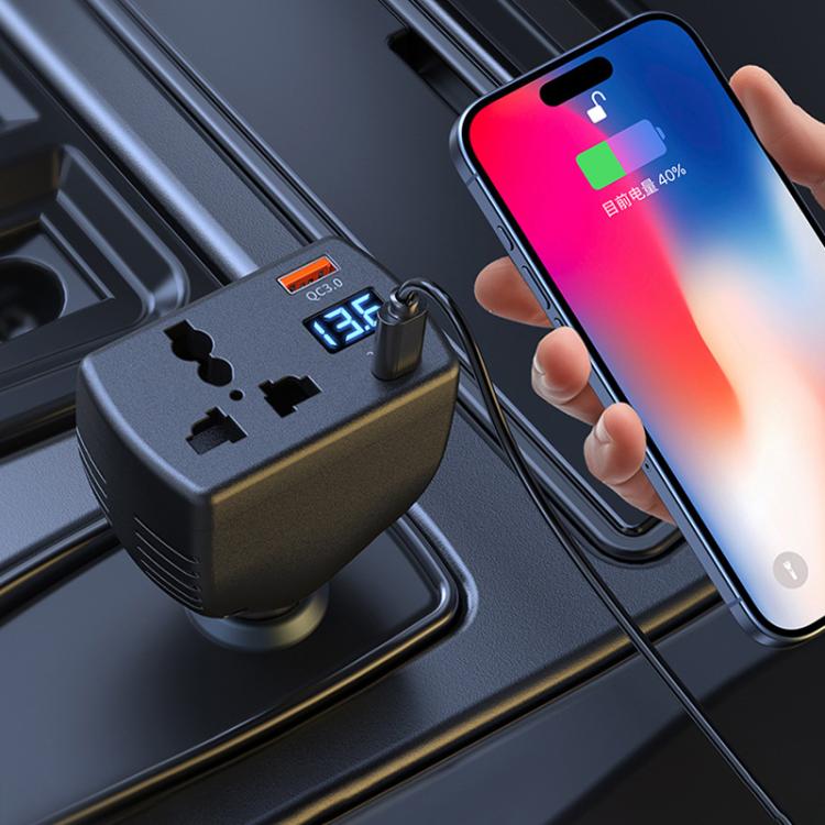 Black car inverter charger with USB and Type-C ports charging a smartphone