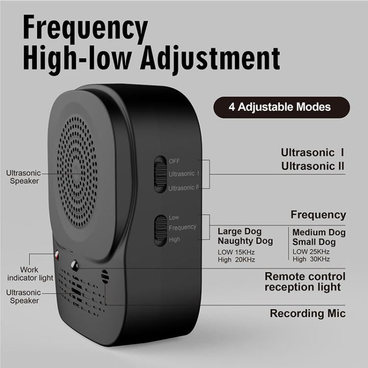 Black ultrasonic barking stopper showing speaker, mode controls, and recording mic port