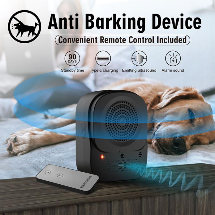 Black ultrasonic anti-barking device on table with remote control and indicator light