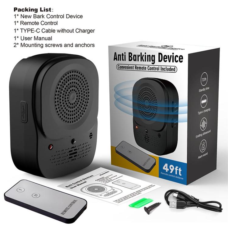 Anti-barking device kit box with main unit, remote, cables, and mounting accessories