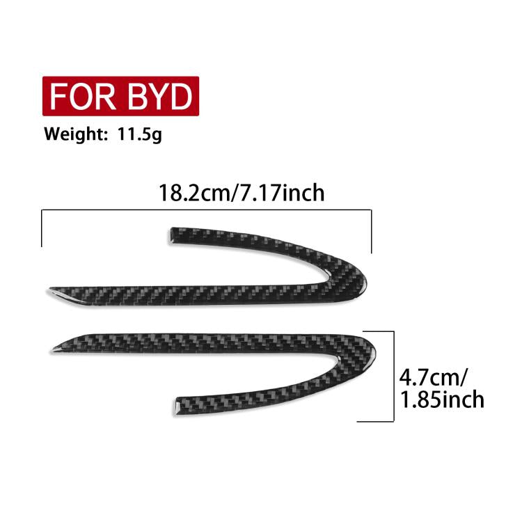 Black carbon-fiber style rearview mirror decorative sticker set, 2 curved strips, measurements shown