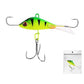 Balanced ice fishing lure, lime-green with black stripes, red eye, treble hooks and ring