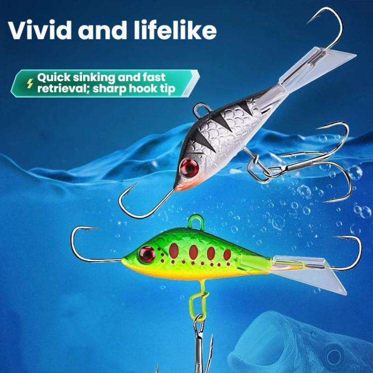 Balanced ice fishing lure, green-yellow body with red eye, treble hooks and hanging ring