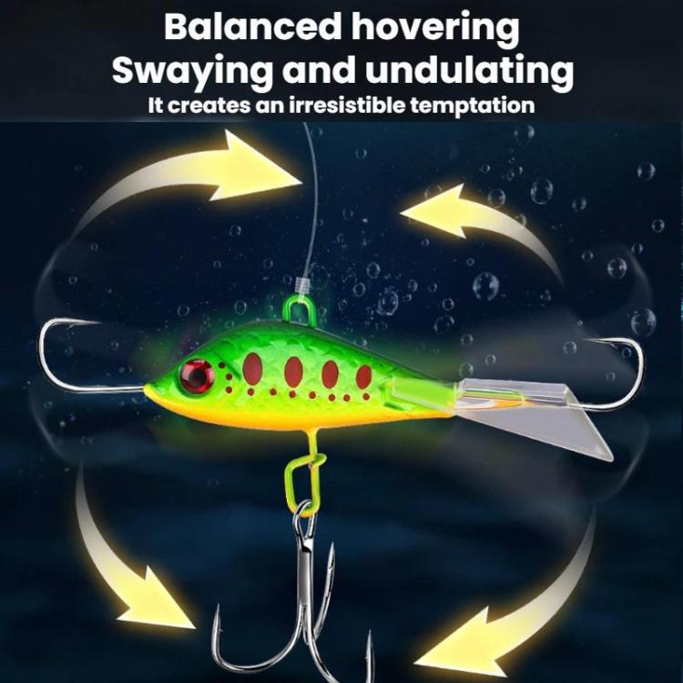 Balanced ice fishing lure, green-yellow with red eye, treble hooks and central ring