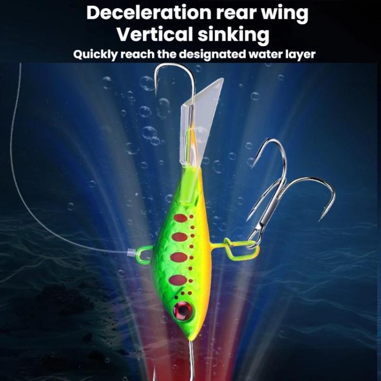 Balanced ice fishing lure, bright green body with red eye, treble hooks and rear wing