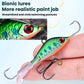 Balanced ice fishing lure close-up, green-blue speckled body with red eye and treble hooks