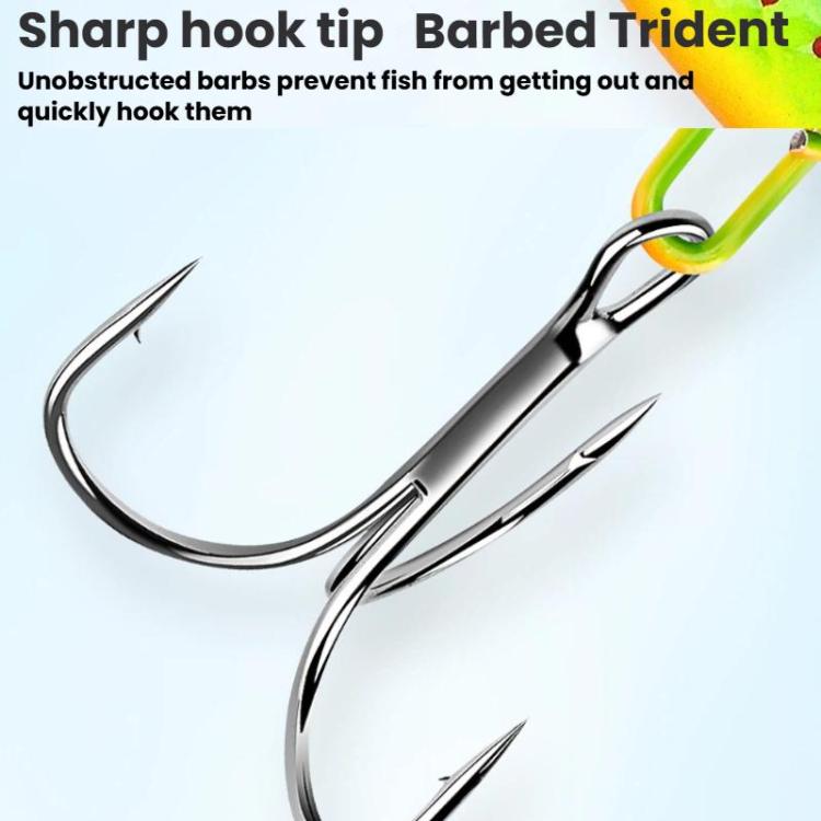 Ice fishing lure treble hooks, sharp barbed tips, metal hook shanks and yellow tie