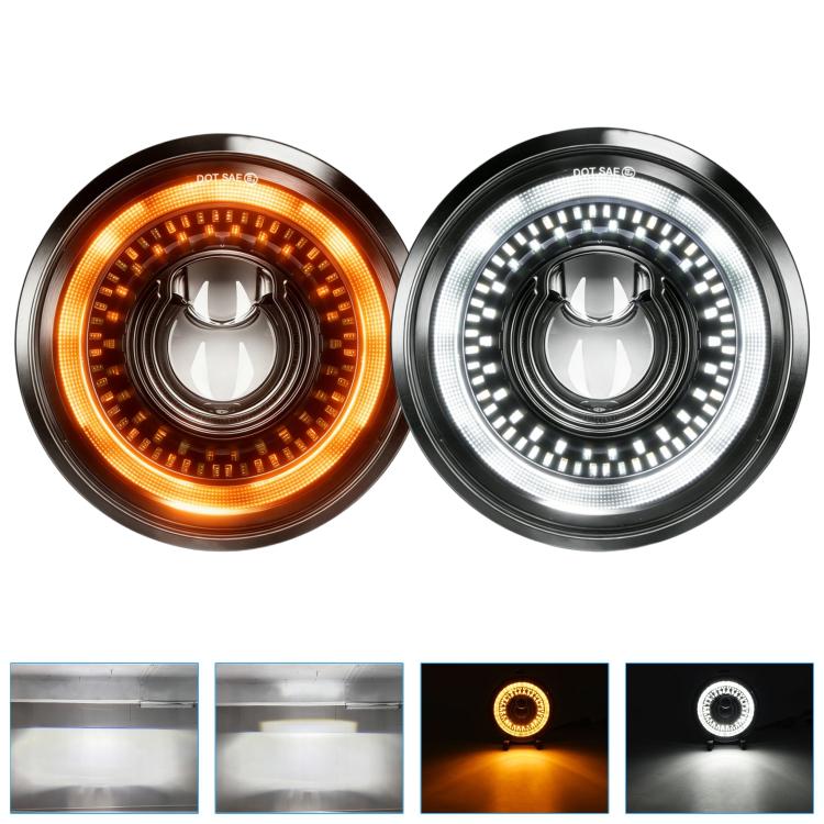 Motorcycle projector headlight pair with amber and white LED rings and starry lens