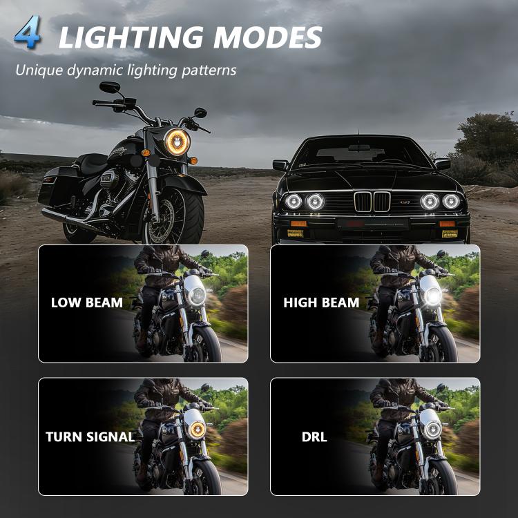 Motorcycle headlight lighting modes showing low beam, high beam, turn signal, and DRL