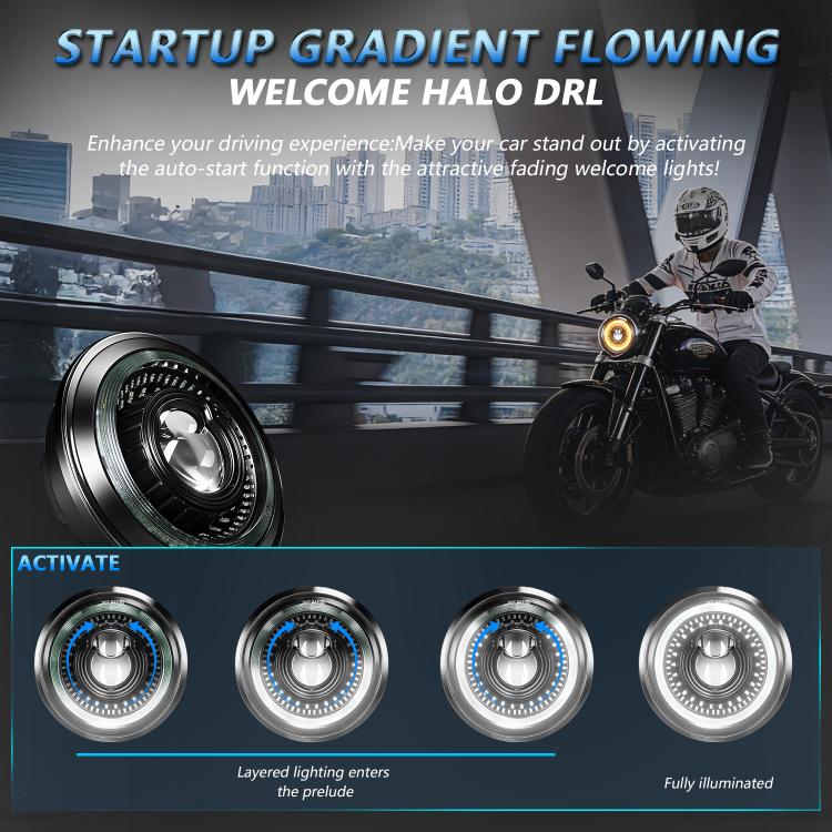 Motorcycle projector headlight with start-up gradient glowing ring for DRL
