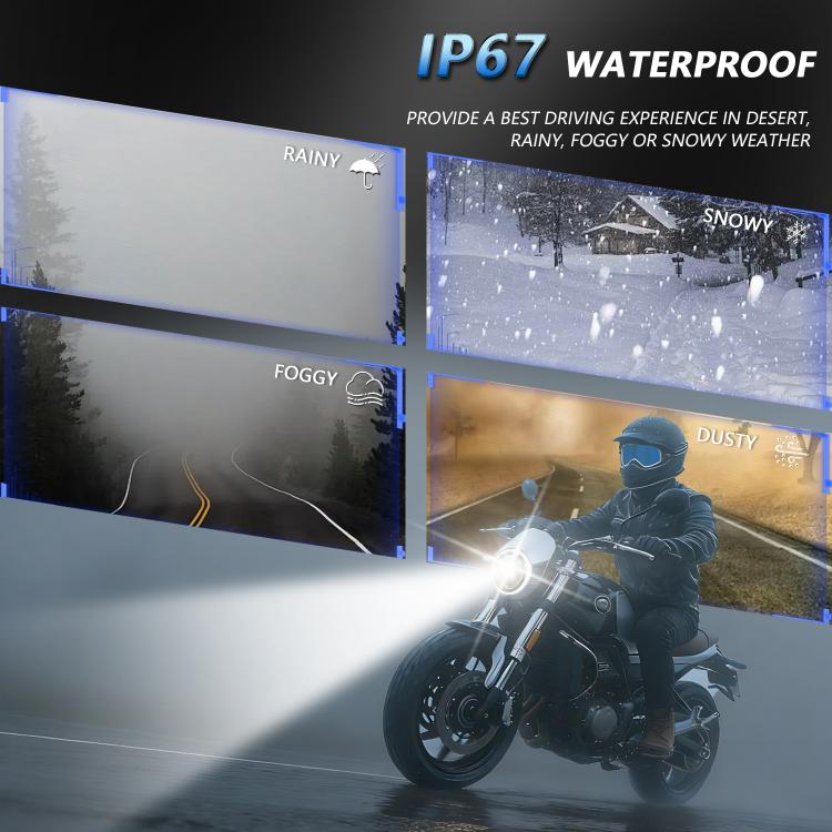 Motorcycle projector headlight labeled IP67 waterproof with lit projector lens