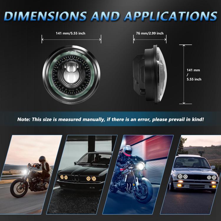 Motorcycle projector headlight front and side views showing LED ring dimensions