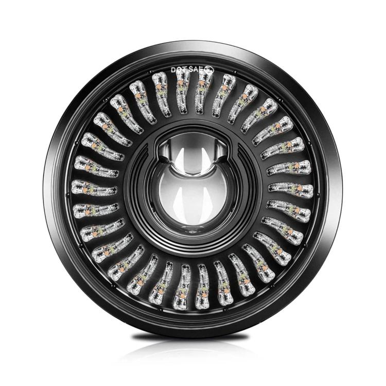 5.75-inch motorcycle LED headlight with black housing and bright white halo ring