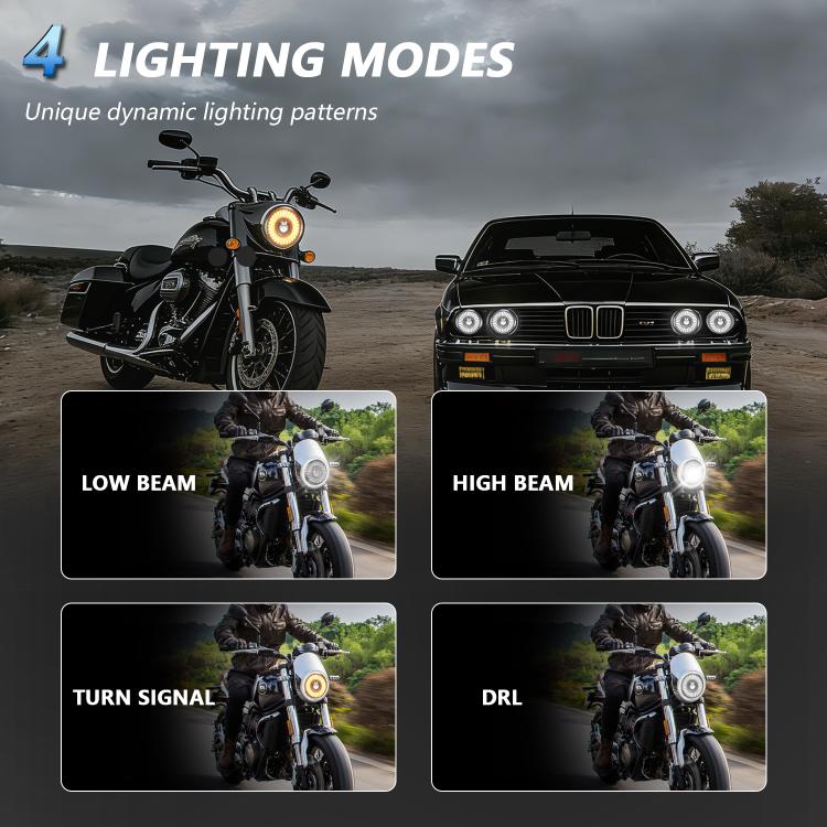 5.75-inch motorcycle headlight showing illuminated beam patterns for low and high modes