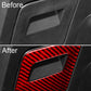Red carbon-fiber glove box handle trim sticker with rectangular cutout, installed