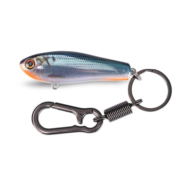 Fish lure keychain with keyring and spring clip, orange and blue painted finish.
