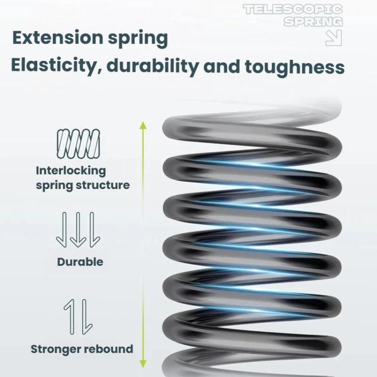 Extension spring keychain mechanism with tightly coiled black spring.