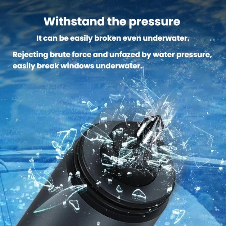Car safety hammer with dark head and shattered-glass style impact scene