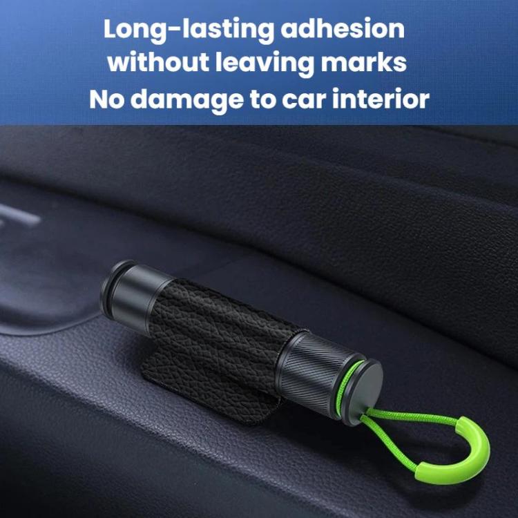 Car safety hammer on seat with textured grip sleeve and neon green lanyard
