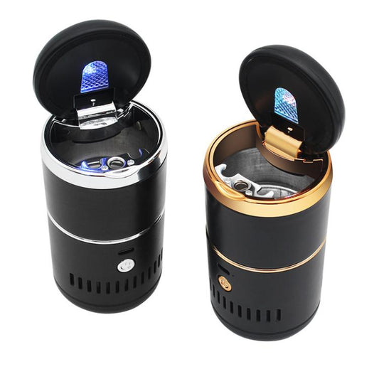 Portable car ashtray vacuum cleaner set: one gold-accented, one silver-accented, black