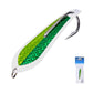 Green and lime textured spinnerbait lure with silver treble hook and metal ring