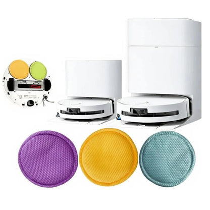 Set of three round waffle-weave robot mop pads in purple, yellow, and teal.
