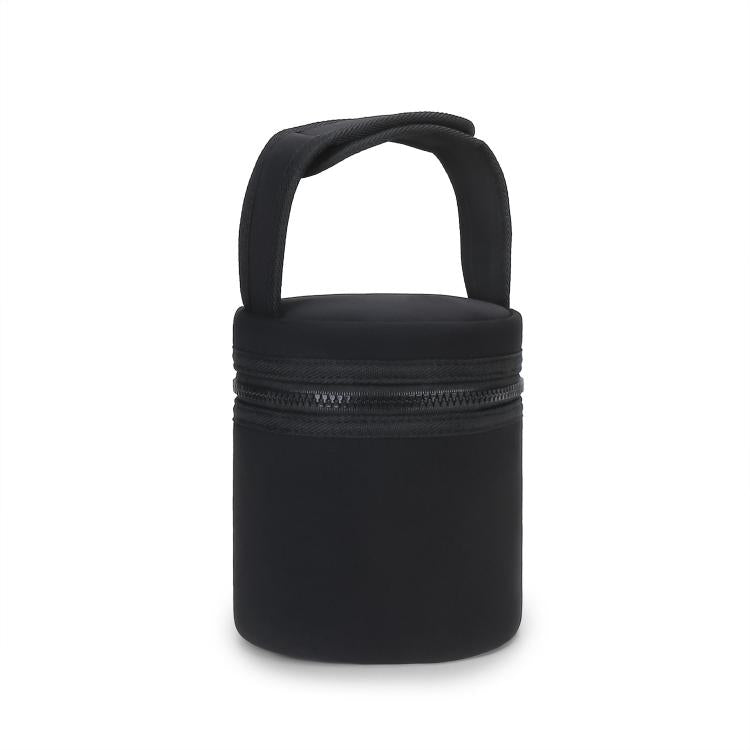 Black insulated baby bottle cooler bag with rounded handle and zippered top.