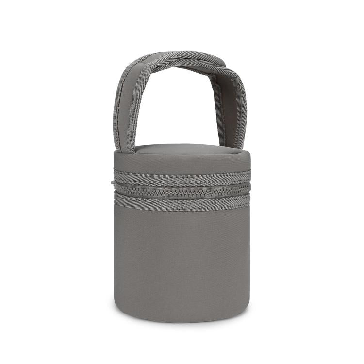 Gray insulated baby bottle cooler bag with textured handle and double zip top.