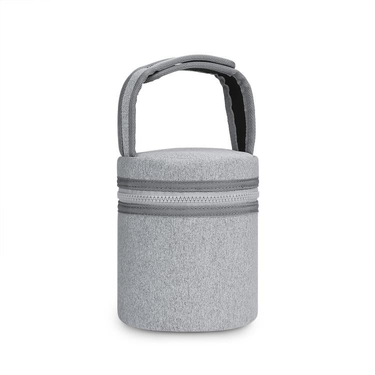 Light gray insulated baby bottle cooler bag with padded handle and zip closure.