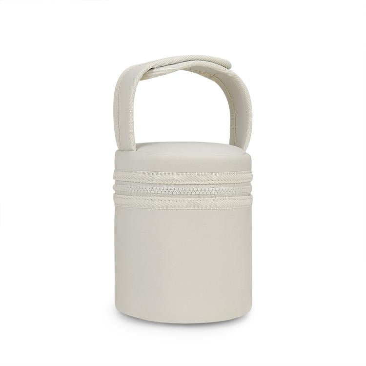 Beige insulated baby bottle cooler bag with rounded handle and zippered top.