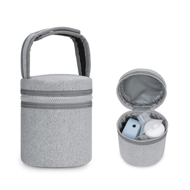 Gray insulated cooler bag open to show bottle storage inside and zippered lid.