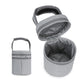 Gray insulated baby bottle cooler bag opened flat with interior lining visible.