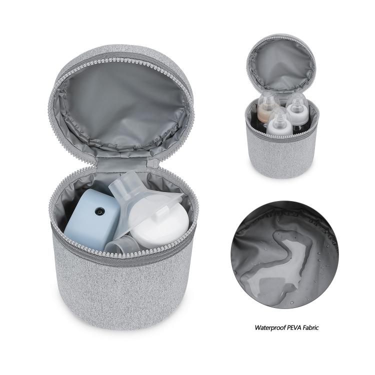 Gray insulated cooler bag open with bottles and accessories inside, zippered cover.