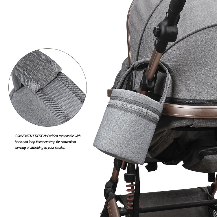 Gray bottle cooler bag with adjustable strap attached to a stroller handle.