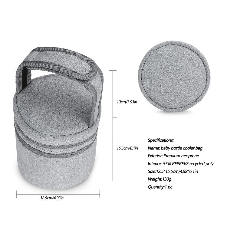 Gray insulated bottle cooler bag with flat top and included round accessory pouch.