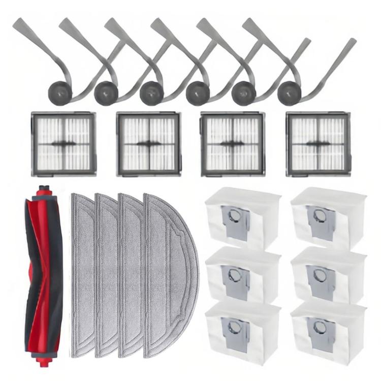 Robot vacuum replacement parts kit with red main brush, side brushes, filters, dust bags, gray mop pads