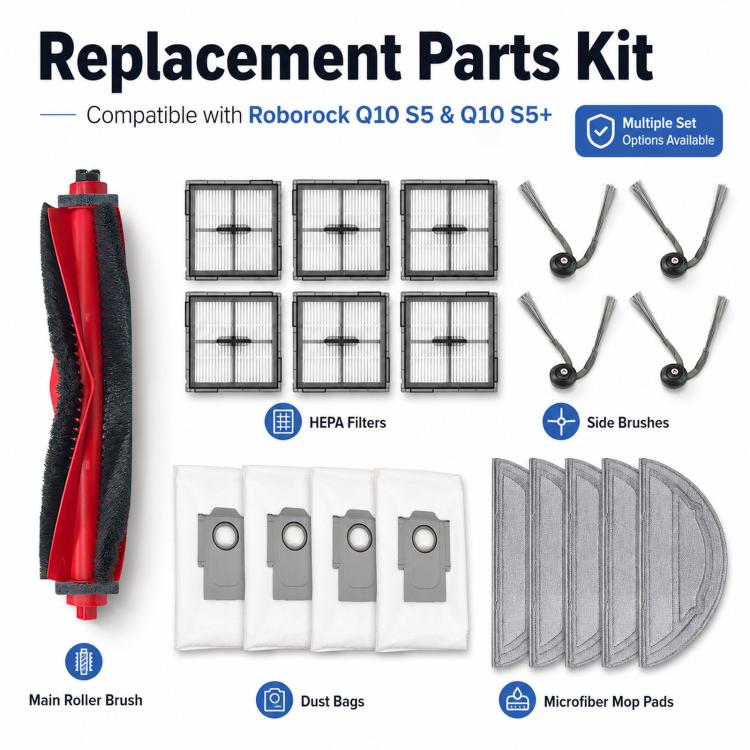 Robot vacuum replacement parts kit with main roller brush, filters, side brushes, dust bags, mop pads
