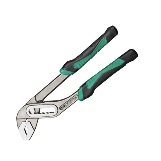 Adjustable water pump pliers with green accents and black grips, silver jaw teeth