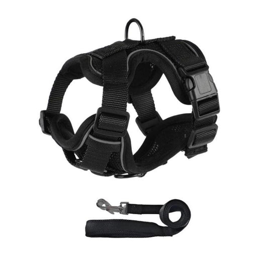 Black dog vest harness with adjustable straps and matching leash strap set