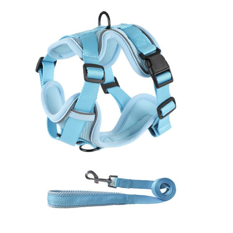Blue dog vest harness with D-ring attachment and matching leash strap set