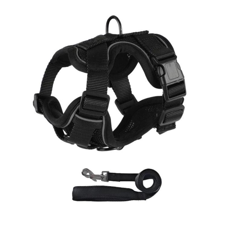 Black dog vest harness and matching leash strap set, adjustable multi-buckle