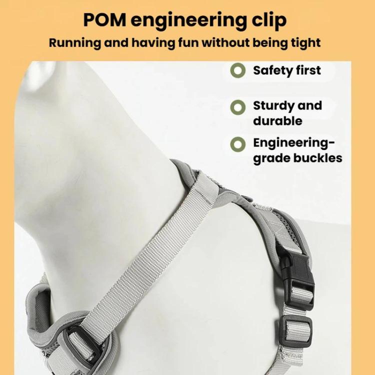 Gray dog vest harness with padded neck strap and adjustable side buckles